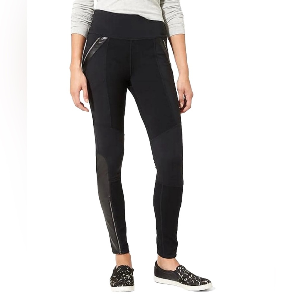 ATHLETA Ponte Luxe Faux‎ Leather Legging Zip Pockets Size ST